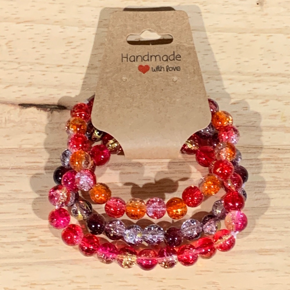 Handmade Beaded Bracelet Set Women OS 3pc Red Orange Purple Glass Stretch Boho